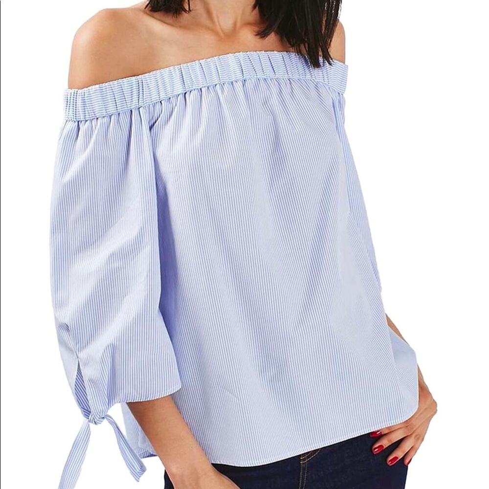 🌸 TOPSHOP Blue Stripe Off-Shoulder Tie Sleeve Blouse | Effortless Summer Chic